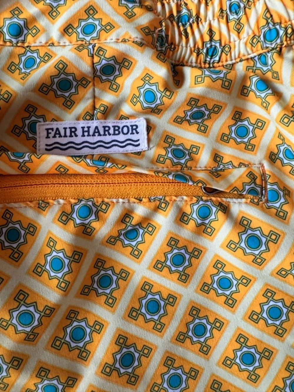 Fair Harbor Yellow Geometric Print Swim Trunks Shorts Lined Drawstring